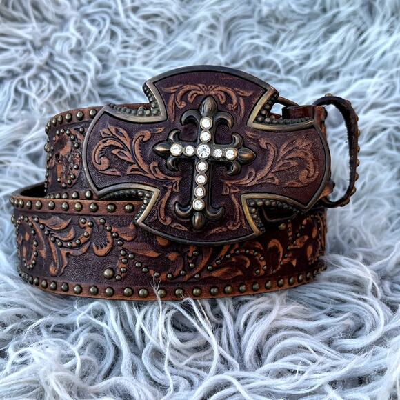 Tony Lama Studded Tooled Brown Leather Belt Buckle Rhinestone Cross Womens 32